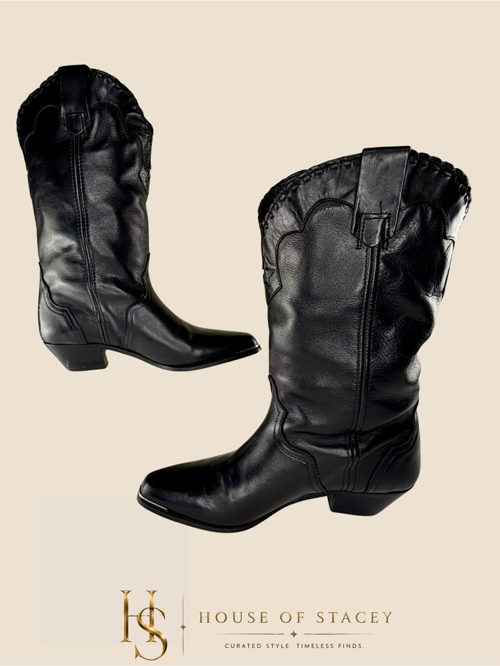 Acme Black Leather Fringe Cowboy Boots Size 7 Western Mid-Calf - Picture 2 of 12